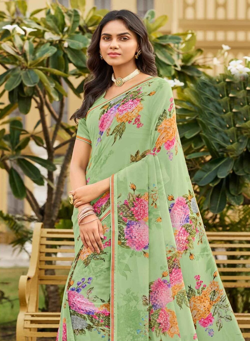 Buy Pastel Green Digital Printed Georgette Saree By Laxmipati