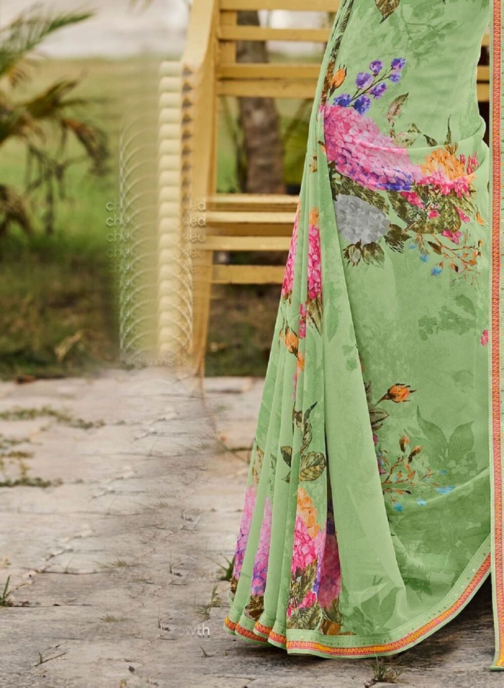 Latest Pastel Green Digital Printed Georgette Saree By Laxmipati