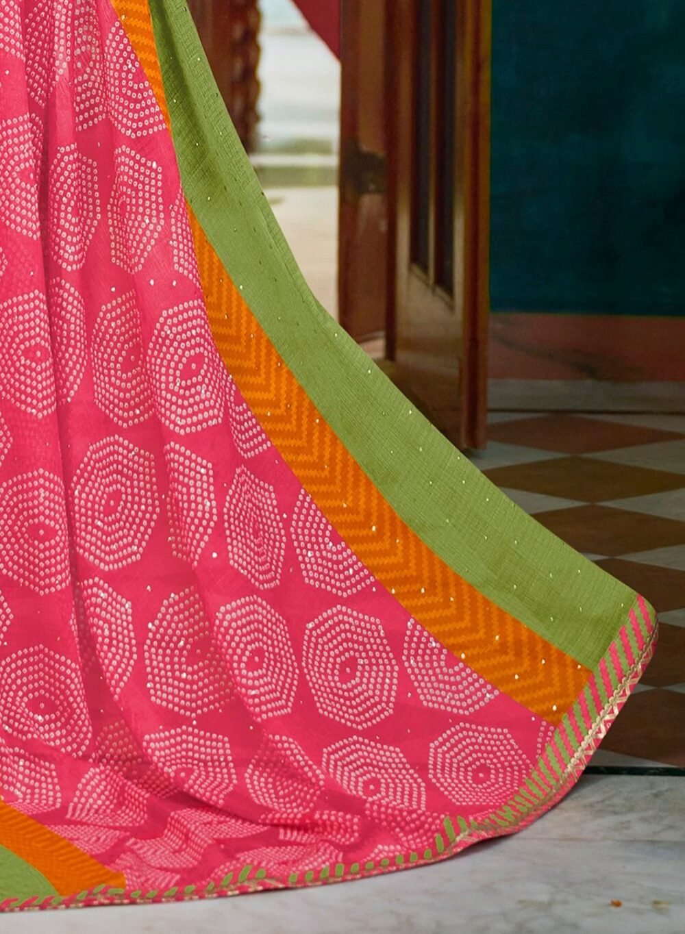 Best Pink Bandhej Printed Chiffon Saree By Laxmipati